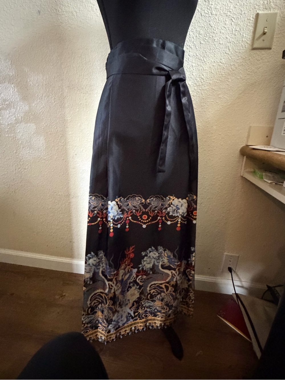 New Asian Dragon design Black Floral pleated Wrap Skirt feels silky.
